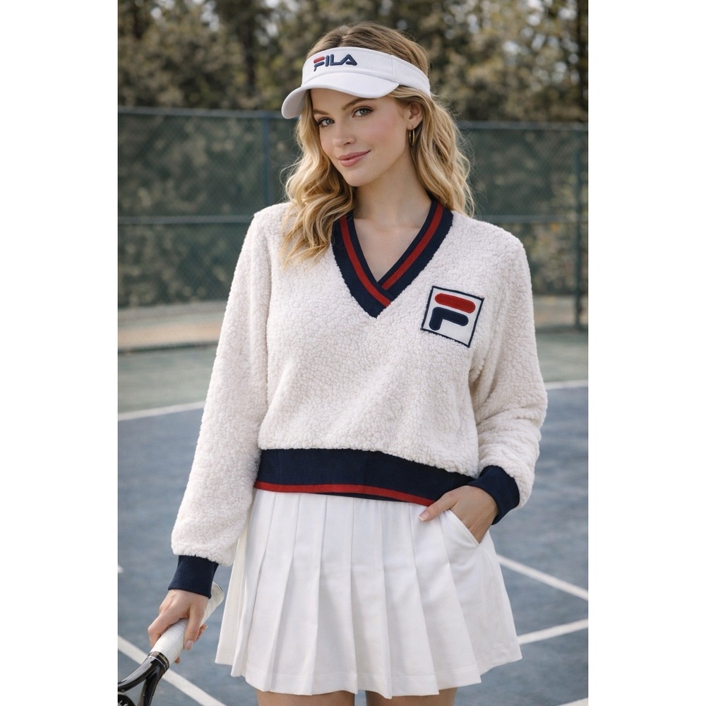 Fila Cream Teddy V-Neck Jacket with Navy & Red Trim